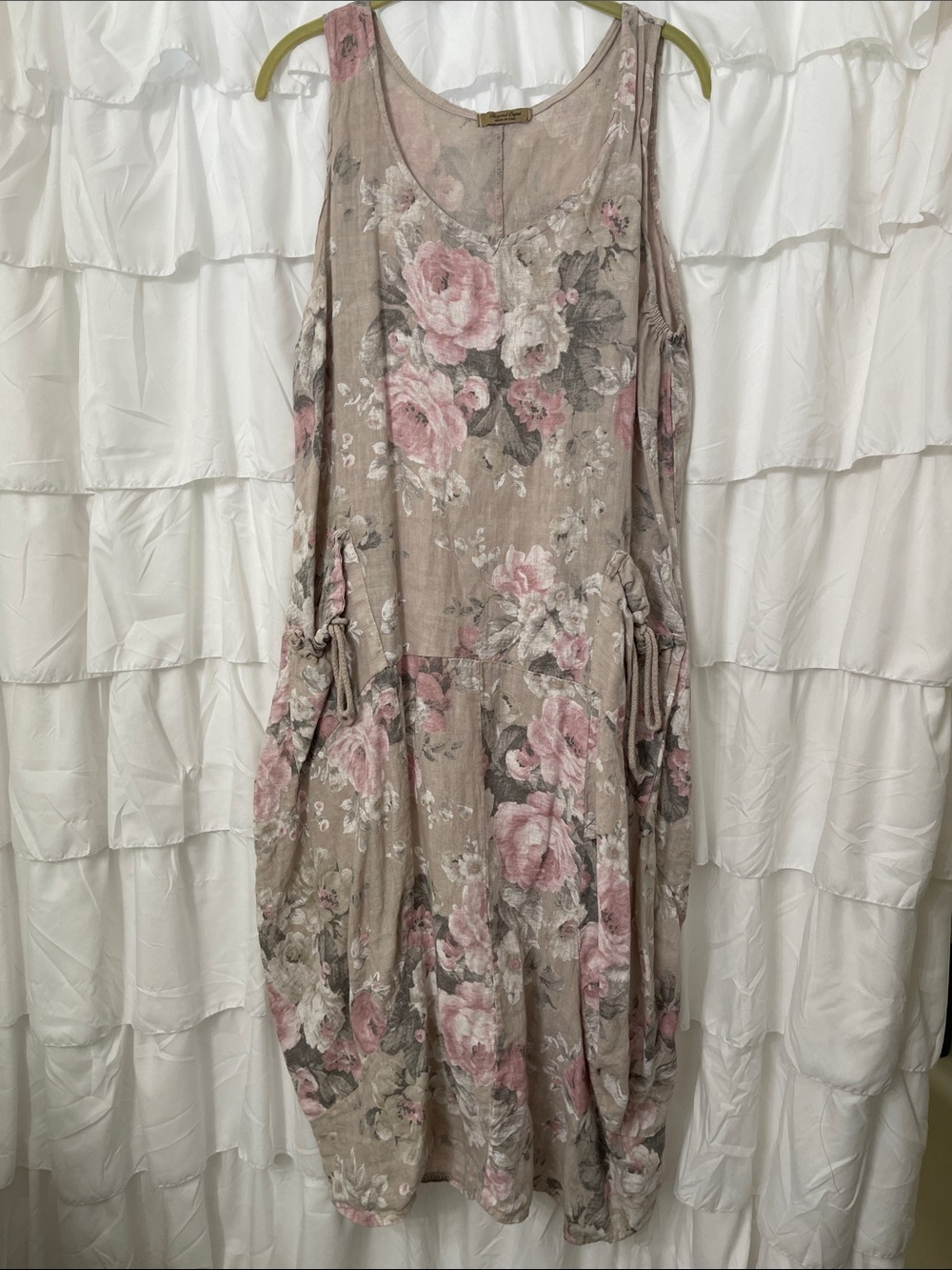 Romantic Taupe Floral linen Midi Dress with Pink Rose Print